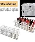 Two Pack 24 Hole White Plastic Test Tube Rack, Detachable Holder For 25mm And Smaller Tubes, Durable Lab Organizer For Chemistry And Biology, Sturdy Countertop Stand displayed with test tubes.