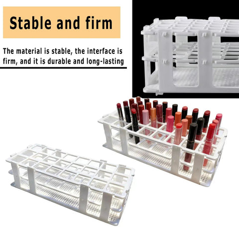 Two Pack 24 Hole White Plastic Test Tube Rack, Detachable Holder For 25mm And Smaller Tubes, Durable Lab Organizer For Chemistry And Biology, Sturdy Countertop Stand displayed with test tubes.