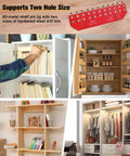 All-In-One Shelf Pin Drilling Jig With 11 Holes, Aluminum Alloy Self-Contained Clamp shown in use on wooden shelves and cabinet