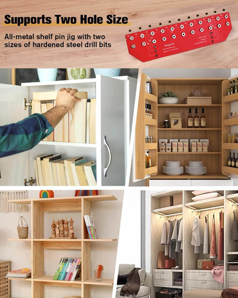 All-In-One Shelf Pin Drilling Jig With 11 Holes, Aluminum Alloy Self-Contained Clamp shown in use on wooden shelves and cabinet