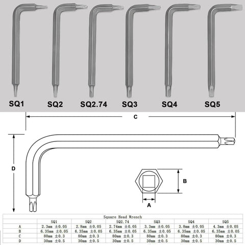 Six Piece Square Head Allen Wrench Set With L Shaped Design Pro Grade S2 Steel Square Keys Kit Includes SQ1 SQ2 SQ2.74 SQ3 SQ4 SQ5 For Hard To Reach Fasteners Durable Precision Machined Hex Keys For Home Garage And Tool Box diagram