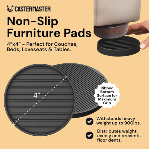 Heavy Duty No Slip Furniture Feet Pads For Wood Floors And Carpet, 4x4 Inch Round Caster Cups shown with ribbed grip surface