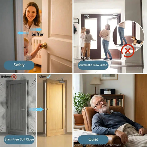 Image of Silent Glide Hydraulic Door Closer in action, showing soft close features, ensuring safety for children and pets.