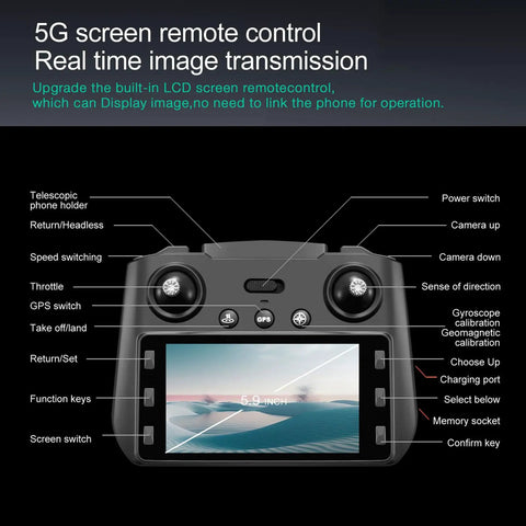Remote controller with screen for 4K GPS Camera Drone With Obstacle Avoidance and Auto Return, Brushless FPV Motors, 5G Transmission.