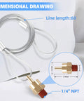 Dimensional drawing of one quarter inch air tank drain valve plug with sixty inch cable for air compressors and semi trucks, easy pull cable style drain replacement to replace petcock, two pack, showing 1/4 inch NPT brass valve and cable length.
