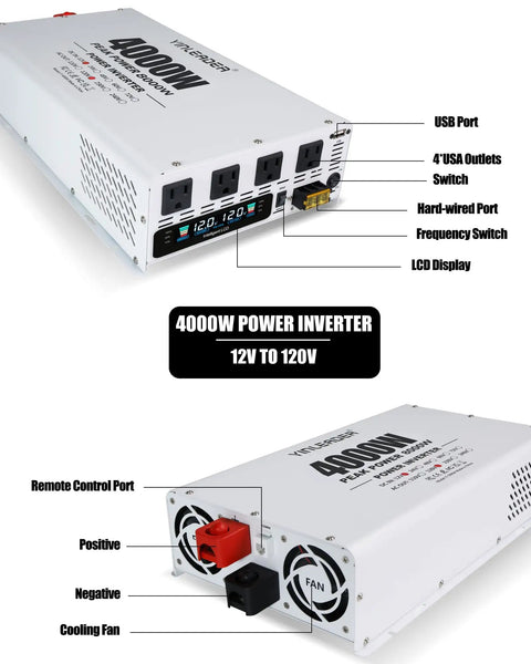 Rig Ready 4000W Power Inverter Turns 12V Battery Voltage Into 110V Household Power With Wireless Remote For Campers And Off Grid Solar Setups Plug And Play No Sweat Startup, showing USB ports and four AC outlets on white casing.