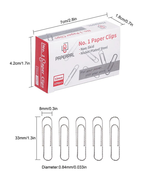 Box and diagram of No Slip Paper Clips Set, 600 Count In Six Boxes Of 100 Each, One And Two Sevenths Inch By One Third Inch, Heavy Gauge Steel