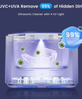 Rechargeable Ultrasonic Retainer Cleaner With 50KHz Cleaning Power showing 4 UV lights and 99% dirt removal