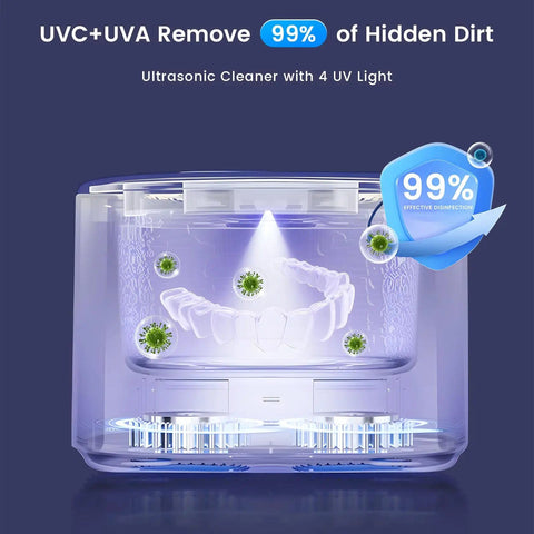 Rechargeable Ultrasonic Retainer Cleaner With 50KHz Cleaning Power showing 4 UV lights and 99% dirt removal