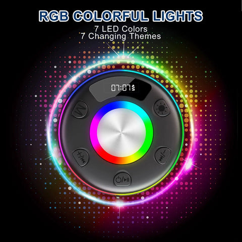 Top view of Portable Waterproof Bluetooth Speaker With HD Sound And Lit LED Display IPX7 Shower Speaker With Bluetooth 5.4 RGB Lights.