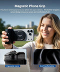 Woman holding MagSafe Compatible Phone Grip With Wireless Charging And 3500mAh Battery, featuring leather-wrapped handle