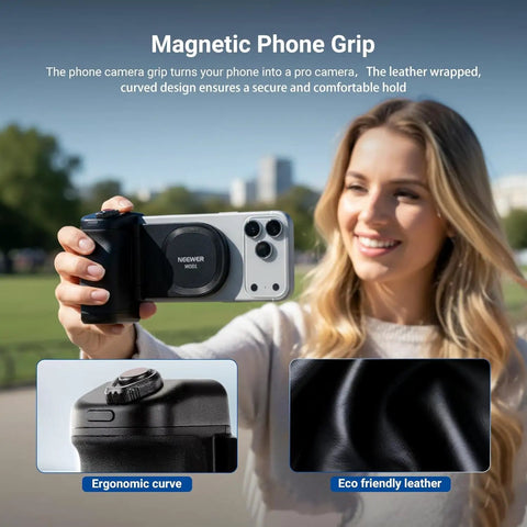 Woman holding MagSafe Compatible Phone Grip With Wireless Charging And 3500mAh Battery, featuring leather-wrapped handle