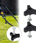 Premium Lawn Mower Parts Set With Durable Plastic Triangle Handle Knob, Bolt And Screw Kit For Yard Garden Outdoor Machines, Featuring 50 MM Long Screw, 20 Mm Head Diameter, And 6 Mm Shaft Fit In Silver And Black, shown installed on mower handle