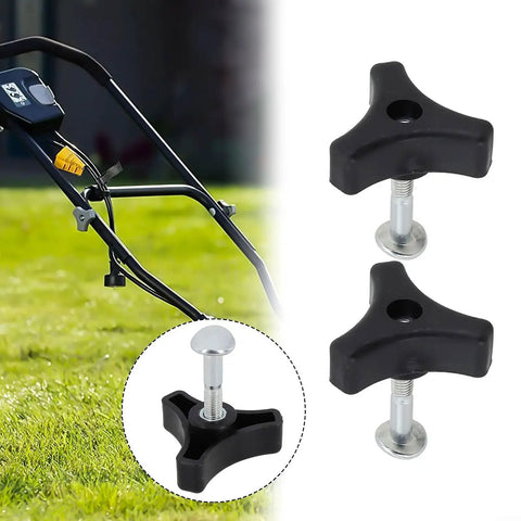 Premium Lawn Mower Parts Set With Durable Plastic Triangle Handle Knob, Bolt And Screw Kit For Yard Garden Outdoor Machines, Featuring 50 MM Long Screw, 20 Mm Head Diameter, And 6 Mm Shaft Fit In Silver And Black, shown installed on mower handle