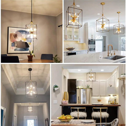 Modern pendant lighting fixtures in dining and kitchen settings.