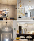 Modern geometric pendant lights in dining and kitchen spaces