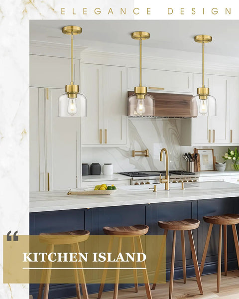 2 Pack 7 Inch Brushed Gold Pendant Lights With Crystal Clear Glass Shades For Kitchen Island And Dining Room above stylish bar stools.