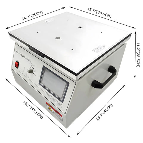 MP-3000E 110V 1200W Heavy-Duty Vertical Vibration Test Bench With 30kg Load, 1-200Hz Adjustable, Microcomputer Control, Designed For Electronics, Automotive, And Home Appliance Testing, white unit with dimensions marked