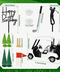 Straight Fire Golf Theme Cake Topper Set For Birthday Parties Featuring Mini Cart Clubs Ball Green Tree And Red Flag Cupcake Toppers To Knock It Out Of The Park At Your Dessert Table Bash, showcasing dimensions and components.