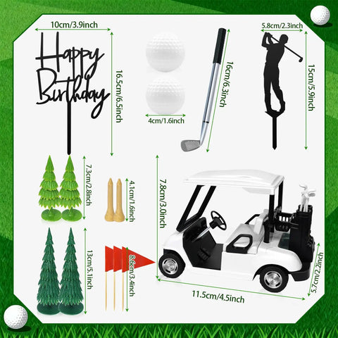 Straight Fire Golf Theme Cake Topper Set For Birthday Parties Featuring Mini Cart Clubs Ball Green Tree And Red Flag Cupcake Toppers To Knock It Out Of The Park At Your Dessert Table Bash, showcasing dimensions and components.