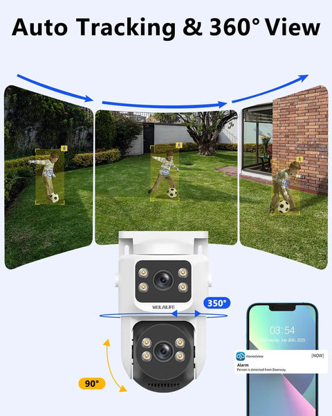 4K 8MP POE Security Camera System With Auto Tracking And Two Way Audio Rock Solid Outdoor PTZ IP Cameras Dual Lens 4096x2160 Home Surveillance Kit showing 360 view and auto tracking