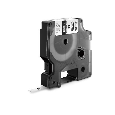 Heavy Duty Industrial Heat Shrink Label Rolls, 1/4 Inch Tube With Black Print On White, label cartridge in clear casing.