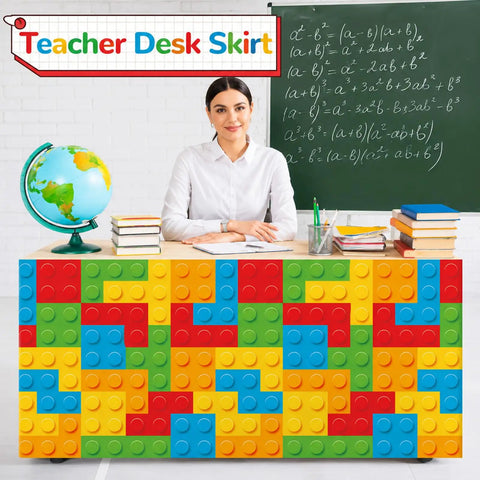 Six Foot Building Block Table Skirt With Bold Primary Bricks For Teacher Desk And Classroom Tables Dope Back To School Vibes, colorful 6ft polyester skirt on teacher's desk.