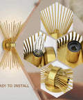 Brass Mid Century Modern Wall Sconces Set Of 2, Brushed Brass Starburst Wall Lighting installation details and close-ups