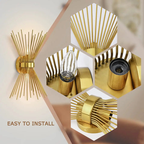 Brass Mid Century Modern Wall Sconces Set Of 2, Brushed Brass Starburst Wall Lighting installation details and close-ups