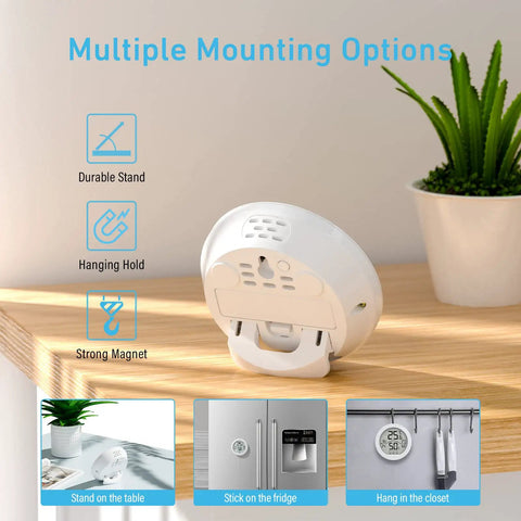 Easy Read Indoor Hygrometer Thermometer For Home And Office, Digital Temperature And Humidity Monitor With Large Display, Fast Accurate Room Climate Tracker For Optimal Comfort. back view with stand, hook, and magnet