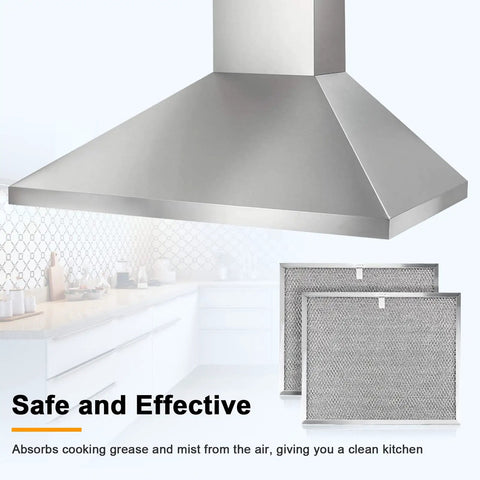 Image of kitchen with range hood and 2 Pack Aluminum Mesh Grease Filter For 30 Inch Range Hoods Replacement BPS1FA30 Fits Broan QS1 WS1 WS2-30.