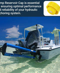 Heavy Duty Pump Reservoir Cap For Power Pole Hydraulic Pumps And Mercury Trim Systems on boat, yellow, prevents fluid leaks, maintains pressure.