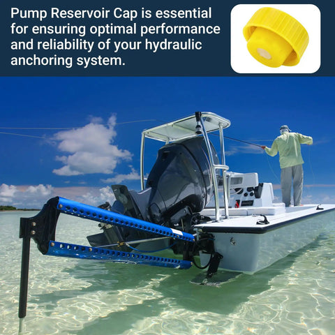 Heavy Duty Pump Reservoir Cap For Power Pole Hydraulic Pumps And Mercury Trim Systems on boat, yellow, prevents fluid leaks, maintains pressure.