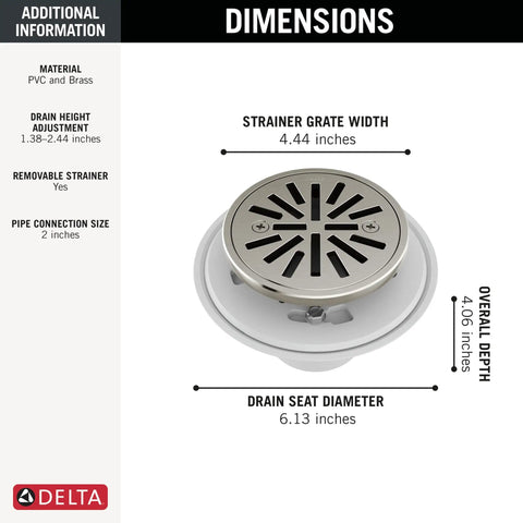 Smooth Operator 4 Inch Brushed Nickel Shower Floor Drain For Tile Installations showing dimensions, drain seat diameter 6.13 inches.