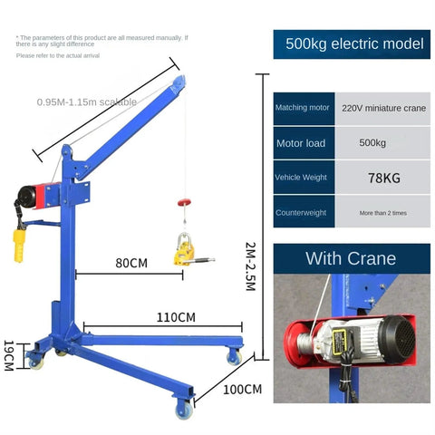 500kg electric model Heavy Duty 500kg Portable Foldable Hand Winch Crane Hoist Compact Lifting Gear for garage use