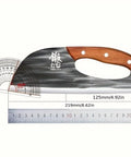 Two Piece Meat Cleaver Knife Set For Easy Meat And Veggie Chopping, showing blade dimensions and wooden handle design.