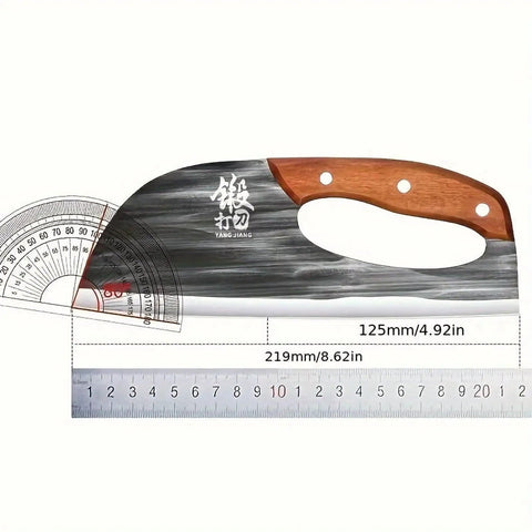 Two Piece Meat Cleaver Knife Set For Easy Meat And Veggie Chopping, showing blade dimensions and wooden handle design.