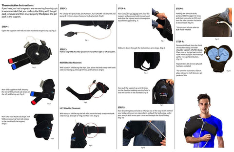 Instructions and images for using Hot Or Cold Therapy Shoulder Ice Pack Wrap That Hooks You Up With Pain Relief Fast For Rotator Cuff Injuries Surgery And Recovery From Gym Baseball Or Pitching Sessions.