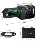 Beast 3000Lb 12V Electric ATV UTV Winch dimensions with synthetic rope, wireless remote, and Hawse Fairlead shown.