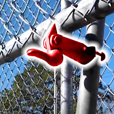 Duck Bill Gate Holdback Fits One To Two Inch Posts Keeps Your Gate Wide Open Without Breaking A Sweat Hands Free Fence Hardware mounted on chain link fence.