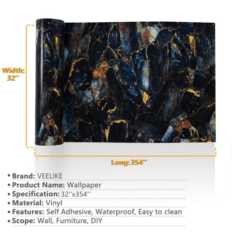 Glossy Blue Gold Marble Countertop Contact Paper 32 Inch Wide By 354 Inch Long Marble Peel And Stick Wallpaper Waterproof Removable for kitchen and furniture – vinyl roll image.