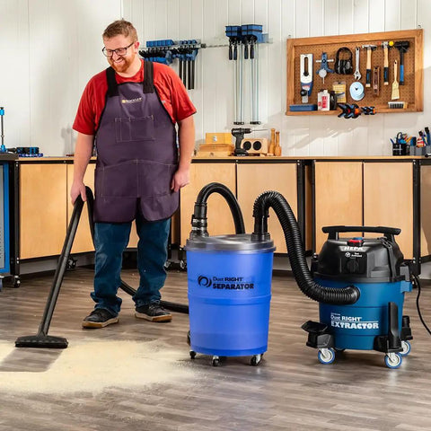 Man using 9 Gallon HEPA Dust Collector Auto Starts With Your Power Tools, Heavy Duty Portable Shop Vacuum With Washable Filter And Dust Collection System in workshop