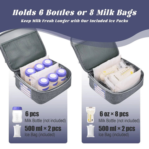 Game Changing Insulated Breast Pump Backpack Keeps Your Milk Chill On The Go showing interior with bottles and ice packs.