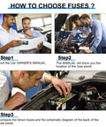 Instructions for choosing and replacing fuses in a vehicle using the owner's manual and schematic diagram images.