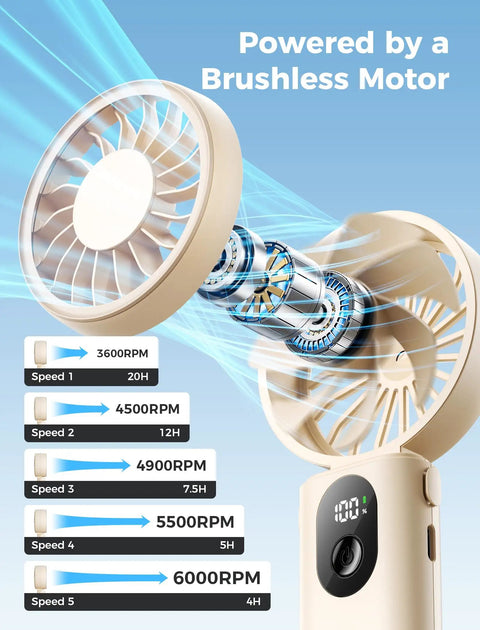 Powerful Portable Handheld Fan For On The Go With 20 Hour Max Battery Life, 3 Modes, 5 Speed Settings, beige fan with motor detail