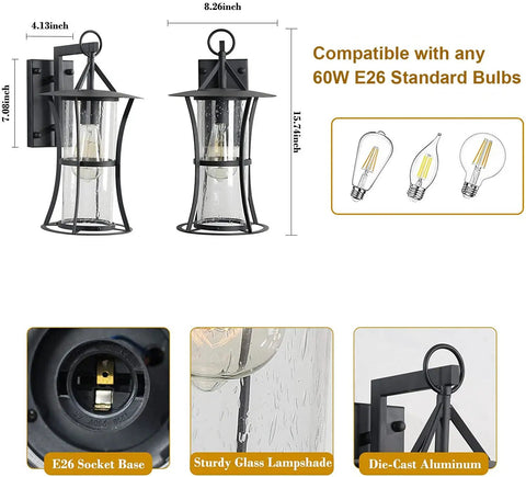Outdoor Wall Light Fixtures Wall Mount Porch Light With E26 Base Socket IP65 Waterproof Clear Seed Glass Exterior Sconces Lantern Lamp For Porch Patio Garage 2 Pack showing dimensions and features
