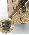 Close-up of Four Pack Antique Brass Door Hinge Set for Cabinets and DIY Projects on wicker box