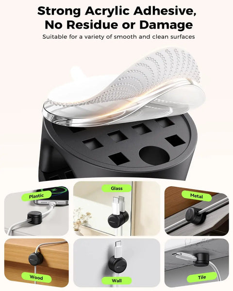 Ultimate Cable Management Kit with magnetic clips shown on various surfaces, features strong acrylic adhesive, no residue or damage.