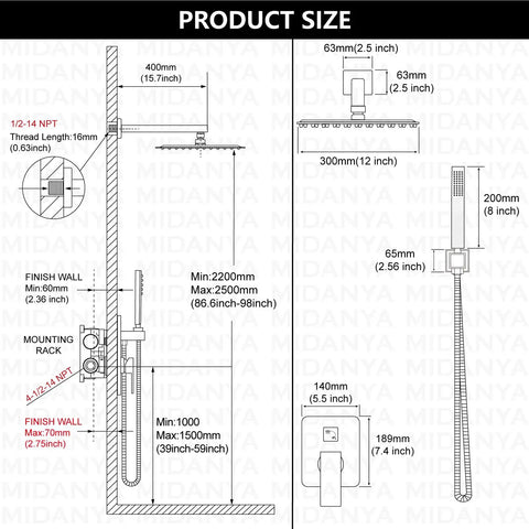 Technical diagram of Wall Mount Shower System With Square Rain Shower Head And Hand Sprayer 12 Inch Polished Chrome Finish Rough In Valve Body And Trim Kit Included