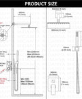 Diagram showing product size for Wall Mount Shower System With Square Rain Shower Head And Hand Sprayer Rough In Valve And Trim Kit Included 12 Inch Oil Rubbed Bronze Finish Modern Space Saving Shower Faucet Set For An Easy Install And Bathroom Upgrade.